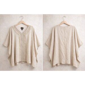 JM Collection Boho Poncho Top M Beige Cotton Gauze Crochet Trim Fringe V Neck